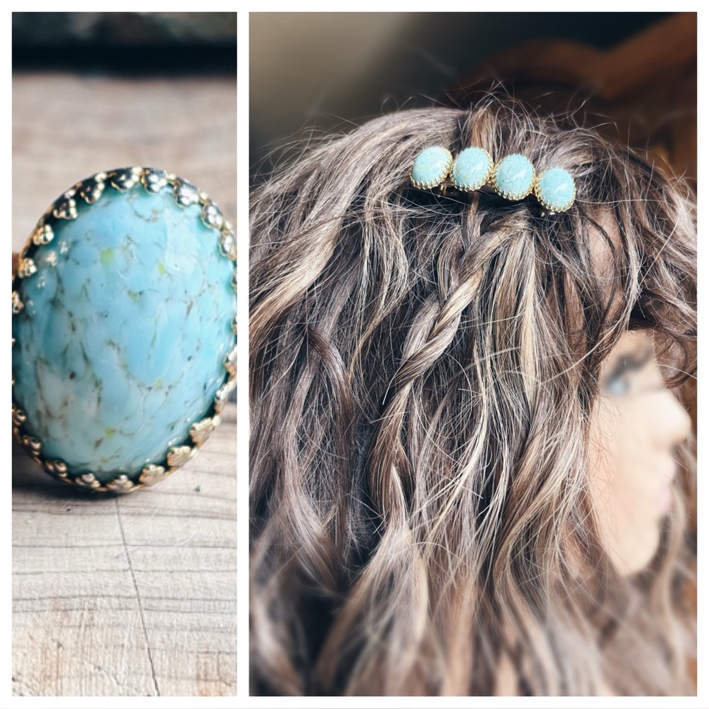 Vintage Turquoise Cabochon Barrette Made in France 2” Western Boho - Picture 6 of 14
